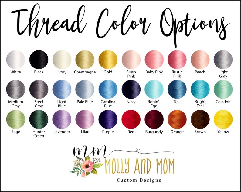 Może przedstawiać: Karta kolor&oacute;w zatytułowana "Thread Color Options" z r&oacute;żnymi kolorami nici, w tym białym, czarnym, kości słoniowej, szampańskim, złotym, r&oacute;żowym, r&oacute;żowym dla dziecka, r&oacute;żowym rdzawym, brzoskwiniowym i jasnoszarym. Dodatkowe kolory to średni szary, stalowy szary, jasnoniebieski, blady niebieski, Carolina blue, granatowy, jajko rudzika, morski, jasny morski i celadon.