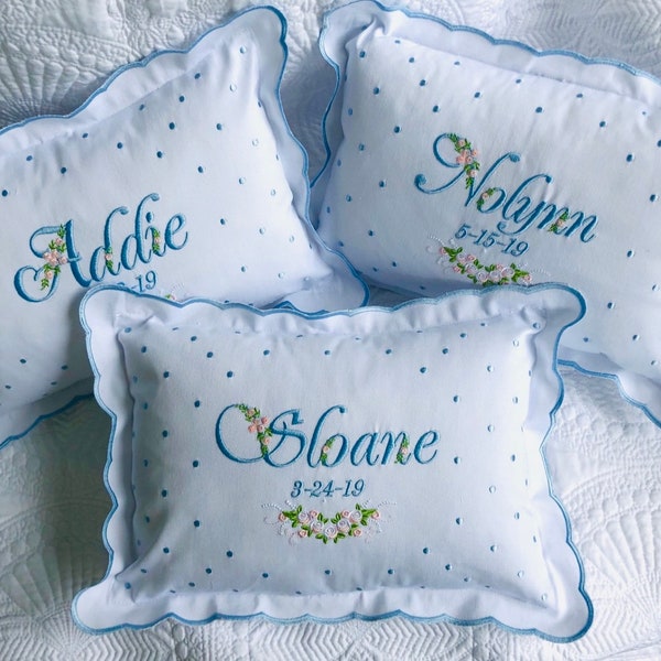 Embroidered Personalized Nursery Décor Pillow with Scalloped Border
