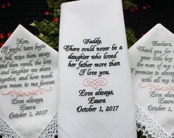 Set of 3 Custom Embroidered Wedding Handkerchiefs