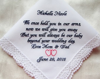 Embroidered Bride Wedding Handkerchief Gift from Parents, Personalized Handkerchief, Custom handkerchiefs, Parents to Bride Gift