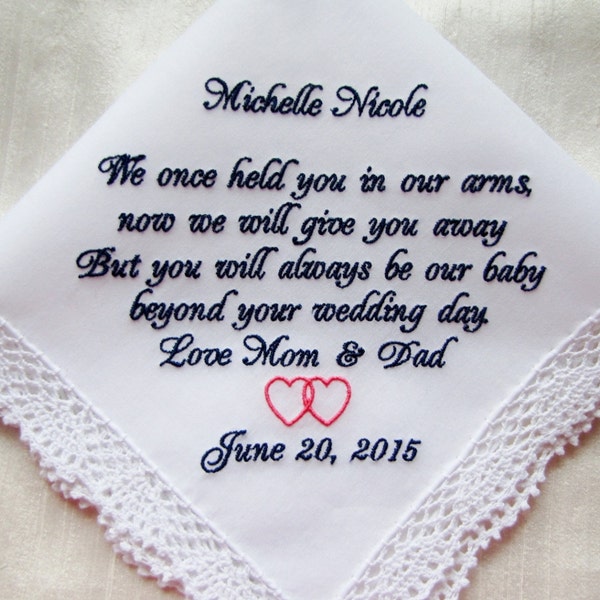 Embroidered Bride Wedding Handkerchief Gift from Parents