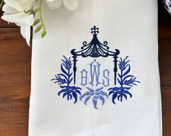 Chinoiserie Pagoda with Monogram Linen Guest/Tea Towel