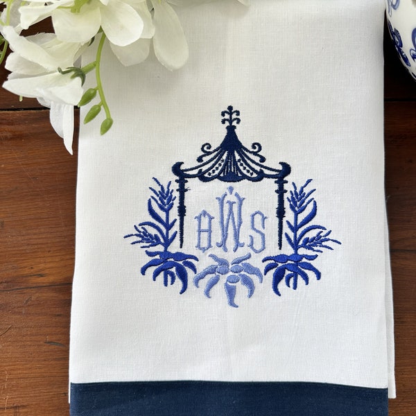 Chinoiserie Pagoda with Monogram Linen Guest/Tea Towel
