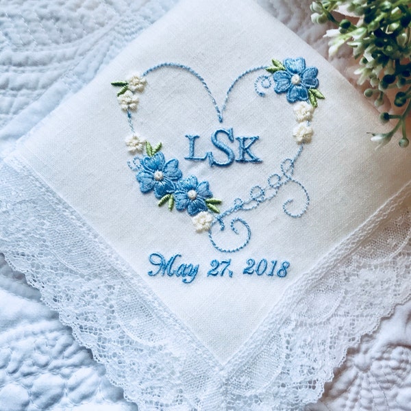 Monogrammed Something Blue Bride Handkerchief-Pure Irish Linen
