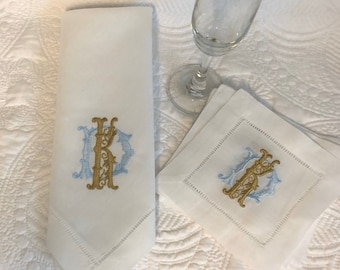 Custom Monogrammed Linen Napkins WIth Matching Cocktail Napkins Set Of Eight