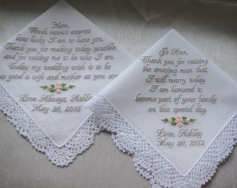 Two Custom Embroidered Handkerchiefs, Mother of Bride, Mother of Groom, Gift From Bride