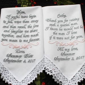 Two Personalized Embroidered Wedding Handkerchiefs