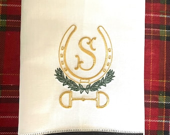 Equestrian Embroidered Monogrammed Linen Guest Towel