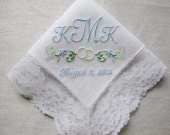 Something Blue  Monogrammed Linen Bridal Wedding Handkerchief