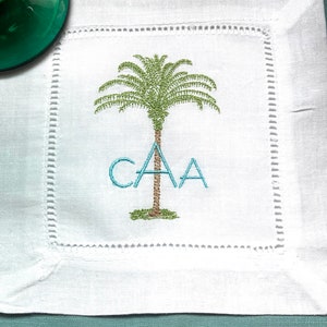 Custom monogrammed linen palm tree cocktail napkins