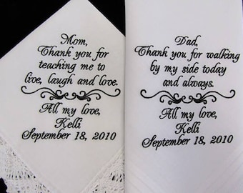 Wedding Handkerchiefs Personalized for Parents of the Bride, Mother of the Bride Gift Handkerchief, Father of the Bride Gift, Embroidered