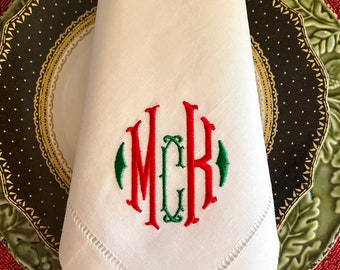 Embroidered Monogrammed Linen Christmas Dinner Napkins