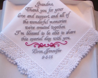 Grandmother Wedding Handkerchief, Grandmother Gift, Embroidered Handkerchief, Wedding Party Gifts, Personalized Wedding Handkerchief, Custom