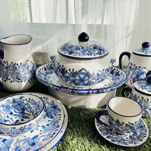 Mexican Talavera Dishes Set Blue/White