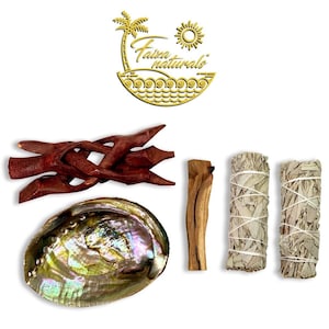 May include: A smudging kit with a wooden stand, a seashell, a stick of palo santo, and two bundles of white sage.