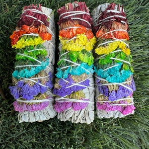 Organic White Sage with 7 Chakra Sinuata Flowers Bundles 4&quot; White Sage Smudge Sticks Bulk Wholesale, Sage for cleansing, handmade, rituals