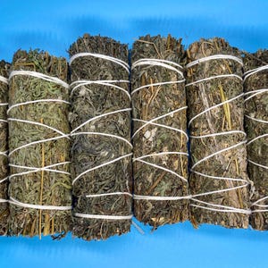 May include: Six bundles of dried sage smudge sticks tied with white string. The sage is a dark green colour and the bundles are arranged in a row on a blue surface.