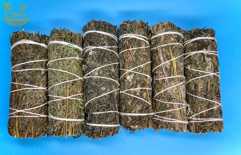 May include: Six bundles of dried sage smudge sticks tied with white string. The sage is a dark green colour and the bundles are arranged in a row on a blue surface.