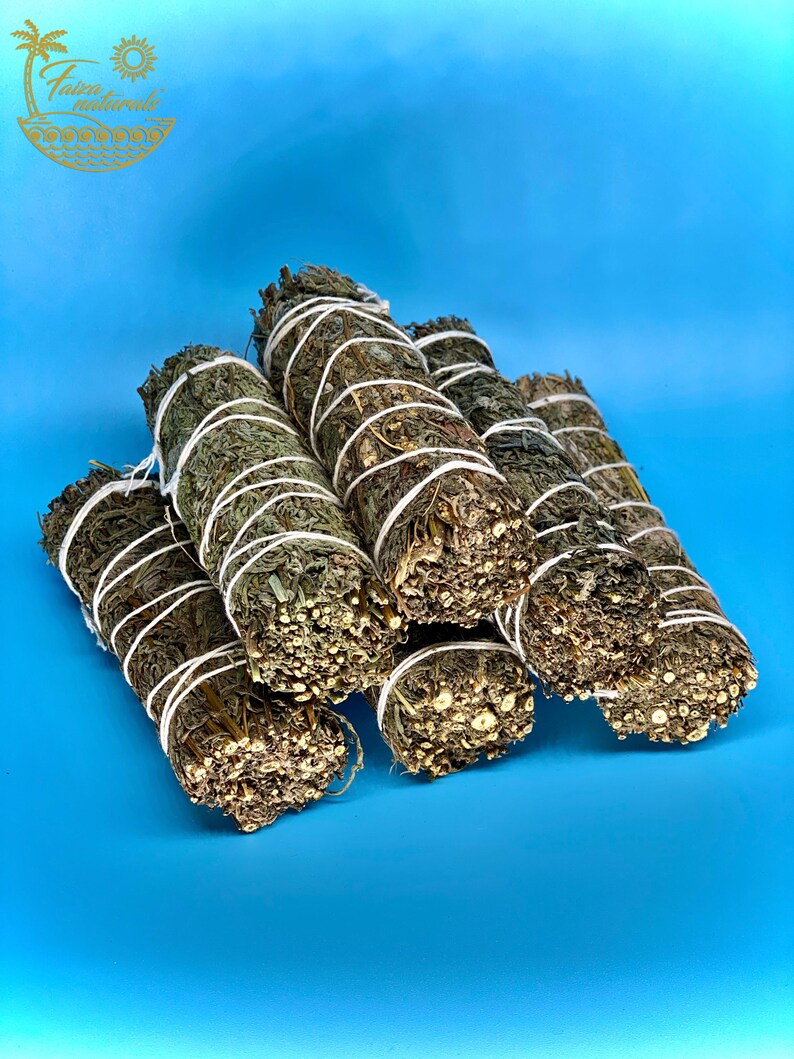 May include: A close-up of a bundle of dried sage smudge sticks tied with twine. The sticks are a dark green colour and have a rough texture. They are arranged in a pile on a bright blue background.