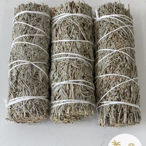 Puede incluir: Tres manojos de varitas de salvia, atados con cuerda blanca, sobre un fondo blanco. Los manojos son grises y verdes, y están dispuestos en fila.