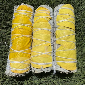 ORGANIC White Sage with Yellow Rose Smudge Stick, Wholesale FREE SHIPPING, Hand Wrapped Thick Bundles 4” inch, Premium Quality Smudge Sticks