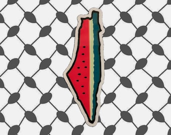 May include: A sticker of the outline of Israel shaped like a watermelon. The watermelon is red with black seeds and has a green rind.
