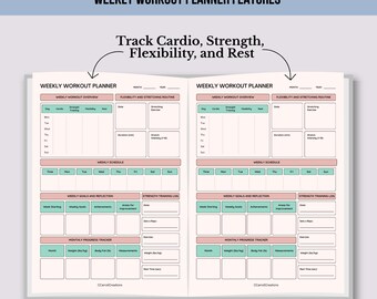 Planificador de entrenamiento semanal, Planificador de entrenamiento en el gimnasio, Plan de entrenamiento semanal, Rastreador de actividad física, Planificador de ejercicios, Rastreador de actividad física imprimible, Editable