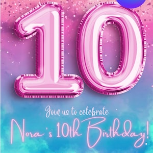 Mädchen Folienballon 10. Geburtstag Einladungsvorlage Sommer, Glitzer, Kinder Geburtstag, Aquarell, digitale Vorlage, Canva Vorlage