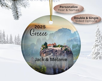 Meteora Greece Personalized Christmas Ornaments: Ancient Greek Monastery Unique Vacation Travel Souvenir Keepsake | Best Custom Names Gifts