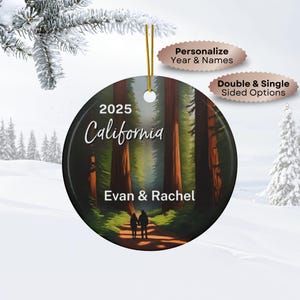 California Personalized Ornament Redwood Forest • Unique Gift for Couples, Personalized Keepsake, Christmas Ornament, Gift for Nature Lovers