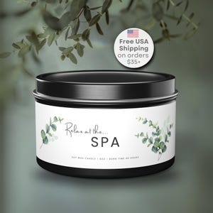 SPA • Eucalyptus Scented Candle | Black Travel Tin | Coconut Soy Wax | Travel Candle | Vacation Candle | 4oz Candle | 8oz Candle
