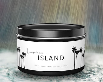 ISLAND Scented Candles: Tropical Vibes Self Care Gift Stocking Stuffers | Coconut Soy Wax 4oz or 8oz Travel Tin | Relaxation Vacation Memory