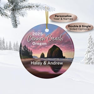 Cannon Beach Oregon Personalized Christmas Ornaments • Haystack Rock, PNW Coastline, Oregon State Travel Souvenir Customized Name Gifts
