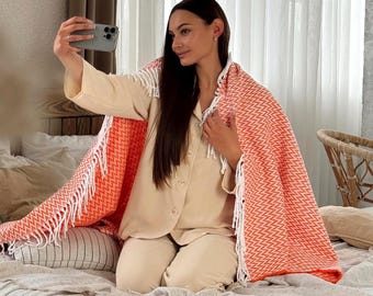 Orange Zigzag Cotton Throw Blanket: Lightweight Spring Decor