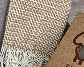 Merino Wool Couch Blanket - Bronze & White Throw, Stylish Bed Cover, Cozy Sofa Blanket, Warm Home Decor