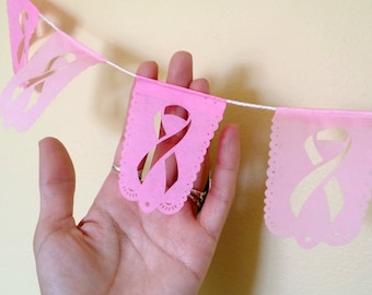 PINK RIBBON papel picado banner Breast Cancer Awareness - set of 2 - Ready Made