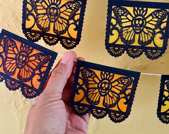 MUERTO MONARCAS - 2 sizes of orange-toned banners - Dia de Los Muertos - Mexican papel picado - Ready made - Day of the Dead