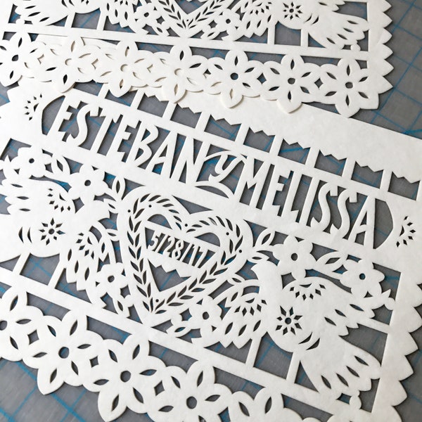 Dos PALOMAS personalisiert, benutzerdefinierte Farbe mexikanische Hochzeit Papel Picado Banner