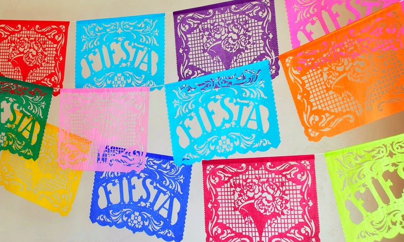 FIESTA FILETEADO sets of 2 papel picado banners Cinco de Mayo birthday party decorations custom colors image 1