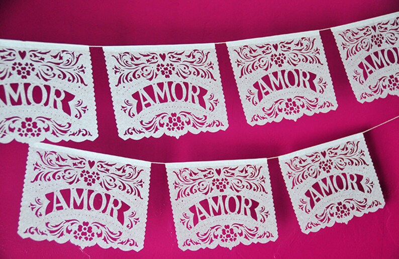 Papel Picado Banner AMOR FILETEADO custom color wedding decorations image 1