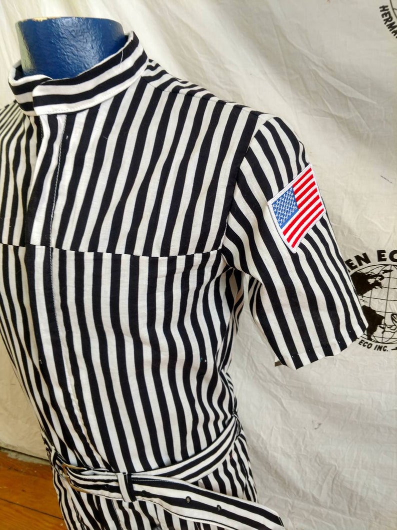 Mens Romper S Striped by Anna Herman jumpsuit made in USA with flag patch