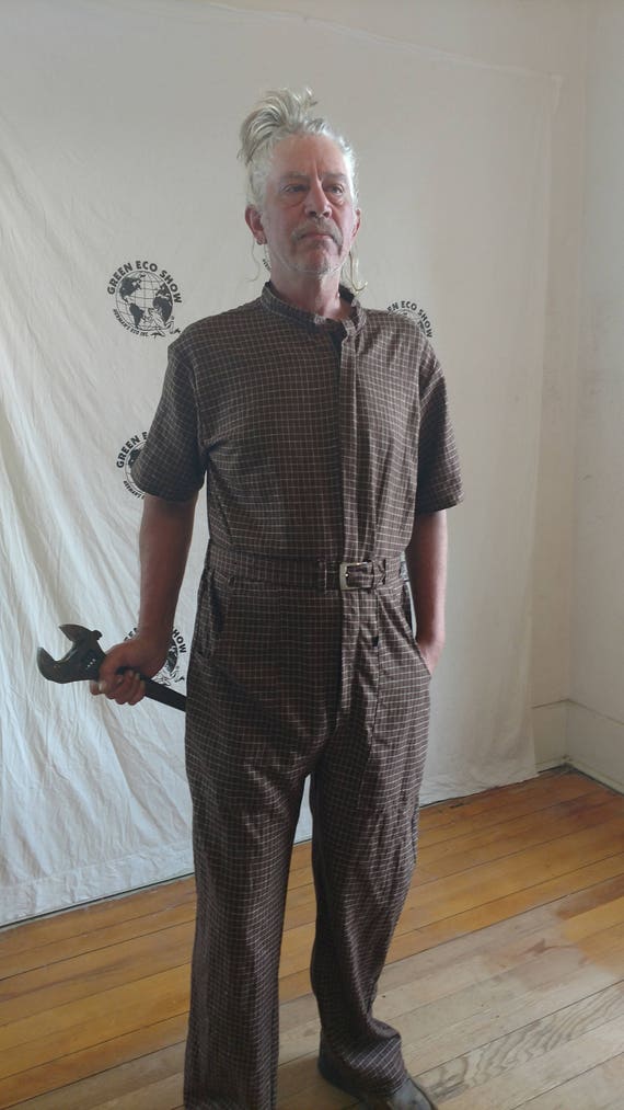 Jumpsuit Mens Romper Sz L Hermans Vintage cotton brown check USA hipster