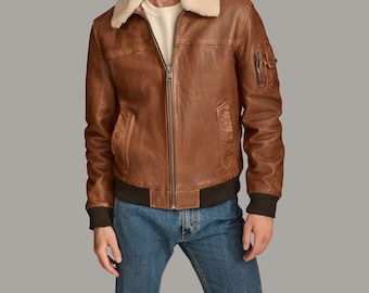 Mens Sheep Leather Bomber Jacket: Vintage Winter Coat