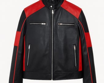 Men's Black & Red Sheepskin Leather Biker Jacket: Cafe Racer Moto Style