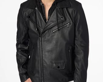 Men's Black Leather Biker Jacket: Detachable Hood, Vintage Style