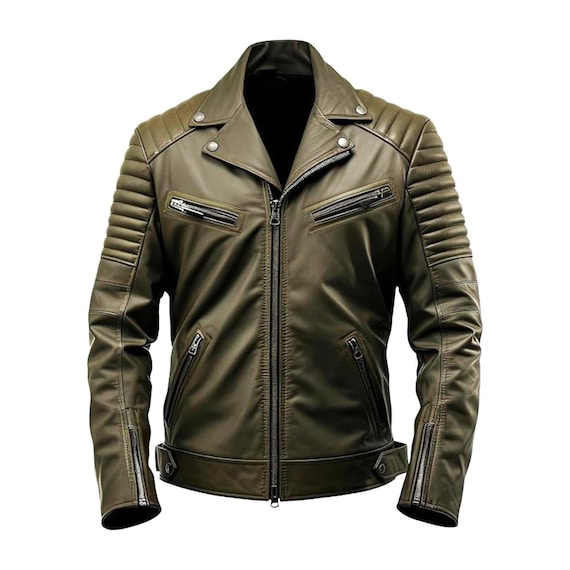 Men's Army Green Sheepskin Leather Biker Jacket - Etsy