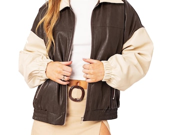 Handmade Two-Tone Lambskin Leather Bomber Jacket: 90s Vintage Style