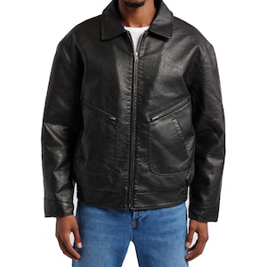 Blouson aviateur en cuir noir pour homme Style vintage classique, cuir véritable souple, veste en cuir décontractée avec fermeture éclair Cadeau parfait pour lui