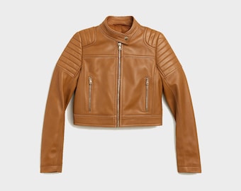 Handmade Brown Sheepskin Leather Moto Jacket: Cropped Biker Style