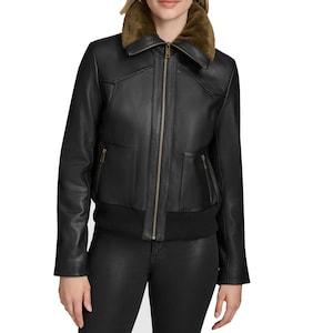 Women&#39;s Black Lambskin Leather Bomber Jacket with Shearling Collar